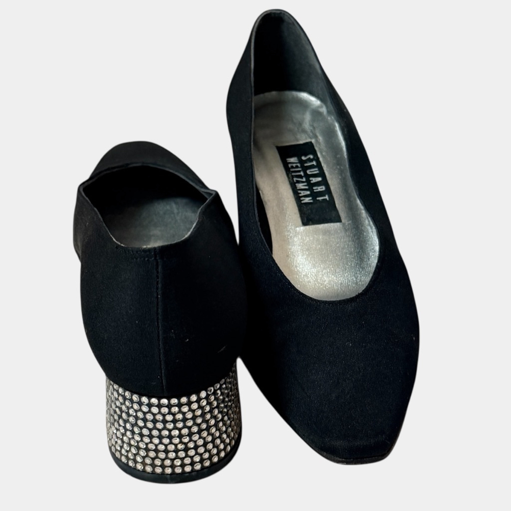 Stuart Weitzman Black Satin Pumps Rhinestone Heel Square Toe 7.5 AA